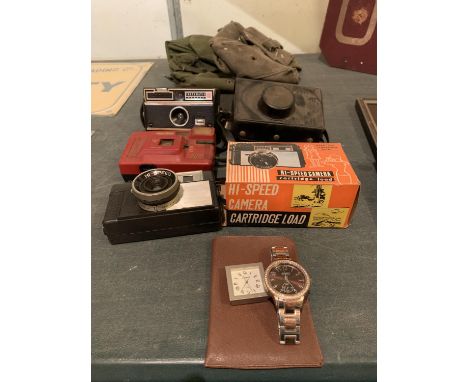A MIXED GROUP TO INCLUDE VINTAGE CAMERAS, AN AVON QUARTZ WATCH, TWO SMALL CANVAS ARMY WATER BOTTLE HOLDERS 