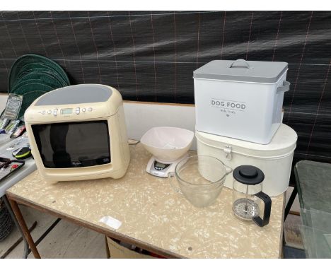 AN ASSORTMENT OF ITEMS TO INCLUDE A WHIRLPOOL MICROWAVE, SCALES AND A COFFEE MAKER 