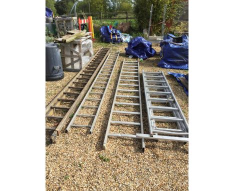 A SELECTION OF FOUR LADDERS COMPRISING ONE WOODEN EXTENSION, ONE CAT LADDER, ONE SINGLE LADDER AND ONE TRIPPLE LADDERNB:THESE