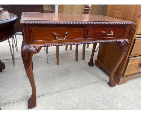 A GEORGIAN STYLE ROPE EDGE TWO DRAWER SIDE TABLE ON CABRIOLE LEGS, WITH BALL AND CLAW FEET, 37" WIDE 