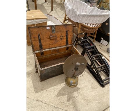 A VINTAGE WOODEN TOOL CHEST AND A FURTHER VINTAGE PARAFIN HEATER 