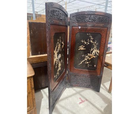 A 19TH CENTURY ORIENTAL TWO DIVISION DRAUGHT SCREEN WITH MOTHER OF PEARL INLAY AND IMAGES OF WILD BIRDS AND FAUNA 