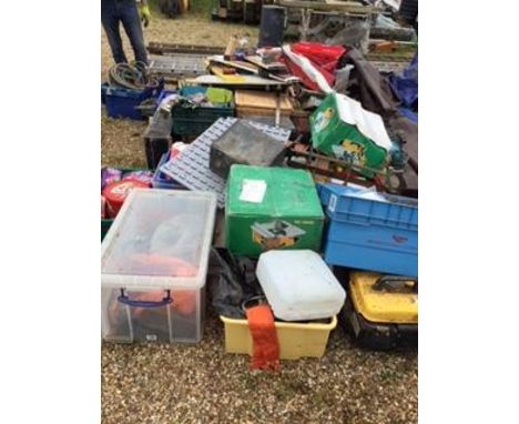 THE CONTENTS OF A WORKSHOP TO INCLUDE VARIOUS TOOLS AND EQUIPMENT TO INCLUDE TOOLBOXES, DRILLS, ELECTRICAL ITEMS, TILE CUTTER