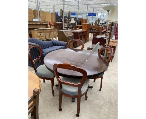 A REGENCY STYLE MAHOGANY STARBURST TILT TOP TABLE, 47" DIAMETER AND FOUR VICTORIAN STYLE DINING CHAIRS 