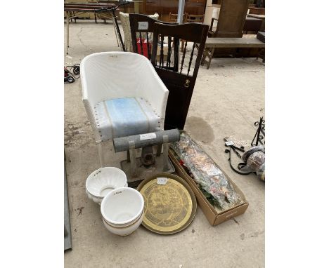 AN ASSORTMENT OF ITEMS TO INCLUDE CERAMIC POTS, A PARAFIN HEATER AND A BRASS CHARGER ETC 