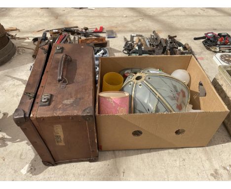 AN ASSORTMENT OF LIGHT AND OIL LAMP SHADES AND A LEATHER BRIEF CASE 