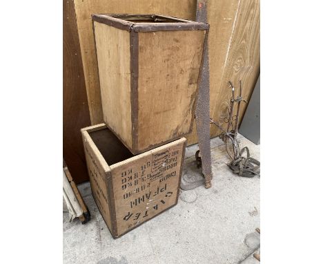 TWO VINTAGE TEA CHESTS WITH METAL BANDING 