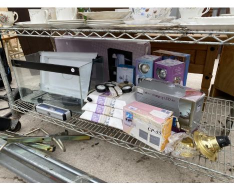 AN ASSORTMENT OF ITEMS TO INCLUDE A FISH TANK, A COLOUR CHANGING LIGHT KIT AND CANVAS' ETC 