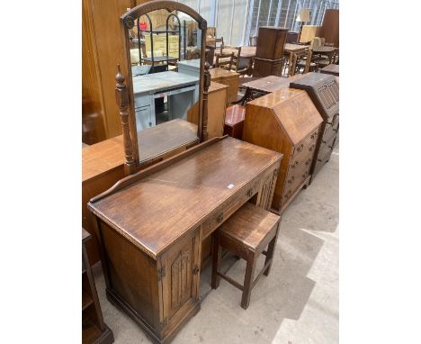 AN OLD CHARM OAK DRESSING TABLE, 45" WIDE AND A SMALL STOOL 