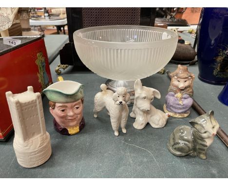 A DECORATIVE GLASSBOWL AND A SELECTION SMALL BESWICK OF CERAMIC FIGURES 