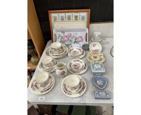 AN ASSORTMENT OF CERAMIC WARE TO INCLUDE WEDGWOOD TRIOS, A ROYAL ALBERT TRINKET DISH, JASPER WARE AND A PORT MERION TRAY ETC 