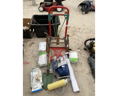 AN ASSORTMENT OF ITEMS TO INLUDE A POWER CRAFT ELECTRIC PAINT ROLLER, A SACK TRUCK AND A FOLDING SPADE ETC 