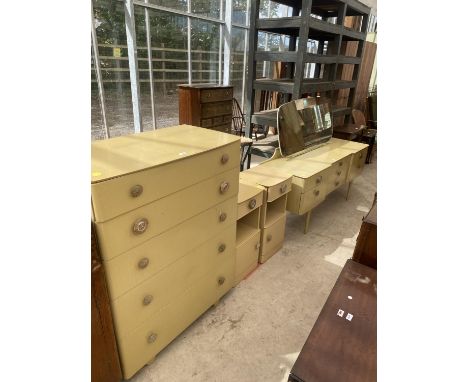 A MID 20TH CENTURY LIMED OAK PART BEDROOM SUITE COMPRISING A DRESSING TABLE, TWO LOCKERS AND FIVE DRAWER CHEST 