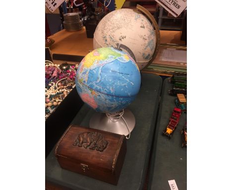 THREE ITEMS TO INCLUDE TWO LIGHT UP GLOBES AND A CARVED TREEN BOX DEPICTING ELEPHANTS 