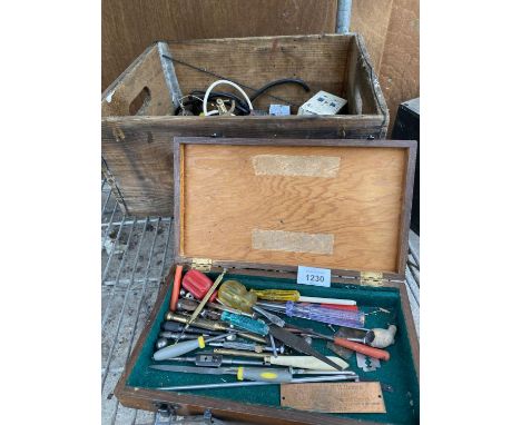 A VINTAGE WOODEN CRATE AND A FURTHER WOODEN TOOL BOX TO INCLUDE AN ASSORTMENT OF TOOLS ETC 