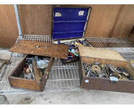 A GROUP OF THREE WOODEN TOOL BOXES TO INCLUDE AN ASSORTMENT OF TOOLS AND HARDWARE ETC 