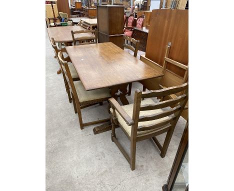 AN OLD CHARM REFECTORY STYLE DINING TABLE, 60X32" AND FIVE SIMILAR LADDERBACK DINING CHAIRS, ONE BEING A CARVER 