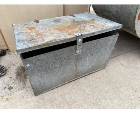 A LARGE SQUARE GALVANISED TOOL CHEST WITH TWO HANDLES 
