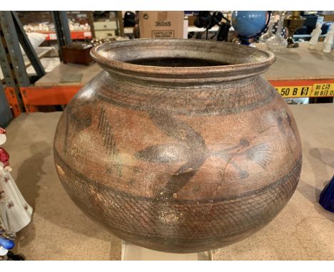 A LARGE DECORATED CERAMIC BOWL (A/F), HEIGHT APPROX 36CM 