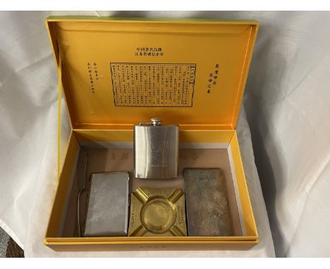 TWO CIGARETTE CASES A HIP FLASK AND AN ASHTRAY 