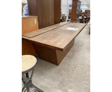 A LARGE TEAK ALTAR TABLE, 96.5" WIDE, 36.5" DEEP, 32" HIGH, WITH 12" SQUARE INSET MARBLE DECORATION 