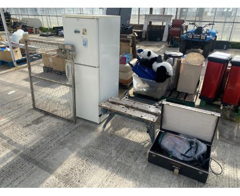 VARIOUS ITEMS TO INCLUDE A CASE CONTAINING MICROPHONES AND CABLES, A WORKMATE BENCH, A FRIDGE FREEZER AND A MESHED METAL GATE