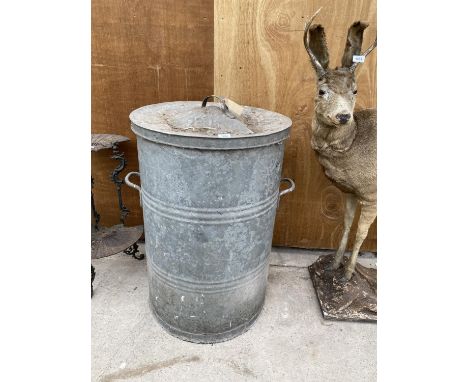 A LARGE VINTAGE GALVANISED TWO HANDLED FEED BIN WITH LID (H:100CM D:63CM) 