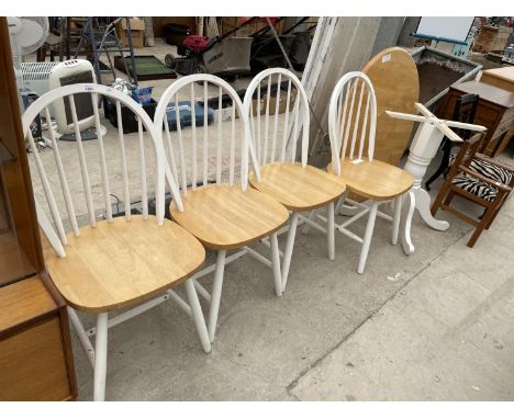 A MODERN CIRCULAR KITCHEN DINING TABLE, 40", AND FOUR WINDSOR STYLE CHAIRS 