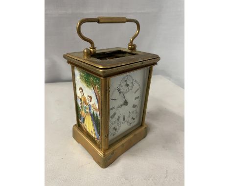 A VINTAGE CARRIAGE CLOCK WITH DECORATIVE SIDE PANELS DEPICTING LADY AND GENTLEMAN 