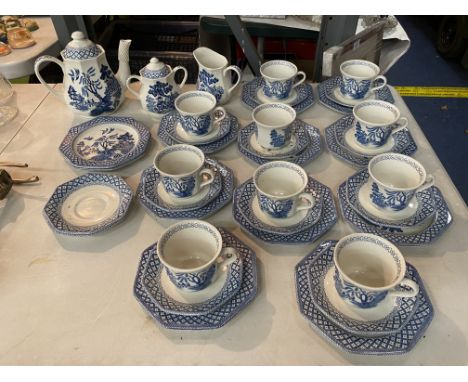 A COLLECTION OF J &amp;G MEAKIN BLUE AND WHITE PATTERNED TEA SET TO INCLUDECIPS AND SAUCERS  SIDE PLATES , MILK JUG,  TEA POT