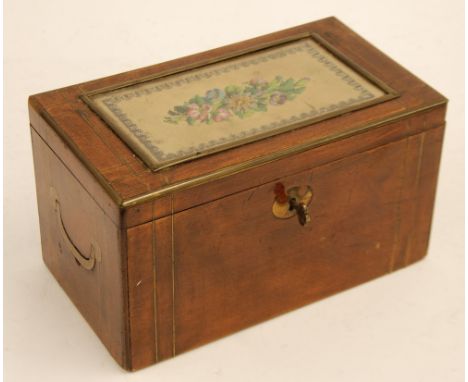 EARLY TWENTIETH CENTURY CONTINENTAL STAINED FRUITWOOD AND BRASS INLAID TEA CADDY, oblong form with glazed handworked floral b