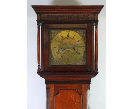 LATE EIGHTEENTH CENTURY OAK LONGCASE CLOCK, sighed Joshua Harrocks, Emont Bridge, the 12 1/4" brass dial with subsidiary seco