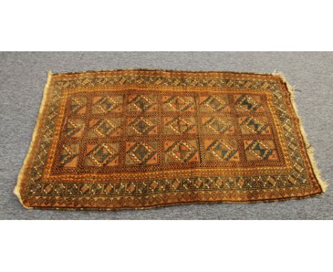 HAMADAN PERSIAN RUG, with three row, all over tile pattern in orange, brown, blue and white, the off white and repeat pattern