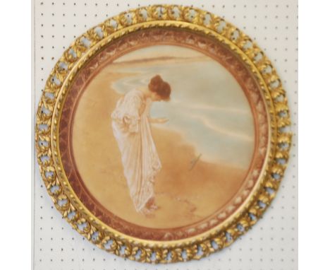 A PAIR OF CIRCA 1900 CIRCULAR REPRODUCTION COLOUR PRINTS contained in pierced gilt gesso frames, 24 1/2" (62.5cm) diameter ov