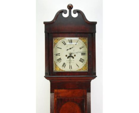 EARLY NINETEENTH CENTURY OAK AND MAHOGANY LONGCASE CLOCK, signed Thomas William Hay, Shrewsbury,  the 13" painted Roman dial 