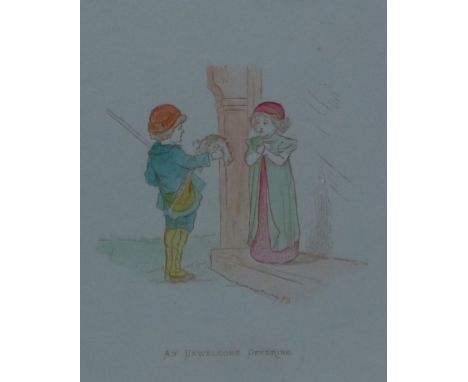 AFTER T PYM SET OF FOUR HAND COLOURED PRINTS ON GREY PAPER Studies of children, 'Work and Play', 'Watching for the Procession