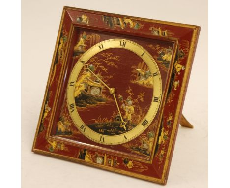 AN EARLY TWENTIETH CENTURY CHINOISERIE RED LACQUERED CASED MANTEL CLOCK, on easel support, the drum cased movement stamped 'M