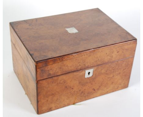 VICTORIAN BURR WALNUT WORK AND TOILET BOX, oblong with mother of pearl shield shaped cartouche and escutcheon and plush lined