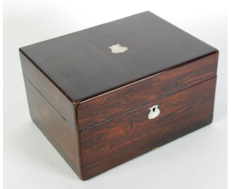 VICTORIAN ROSEWOOD WORK AND TOILET BOX, oblong with mother of pearl shield shaped cartouche and escutcheon, and plush lined f