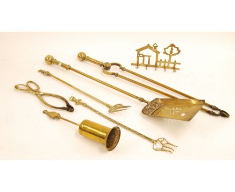 PAIR OF HEAVY BRASS FIRE TOOLS, TWO TOASTING FORKS ETC... 