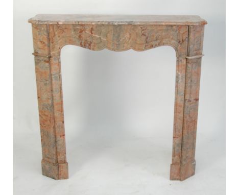 LOUIS XV STYLE PINK AND GREY VEINED MARBLE CHIMNEY PIECE, the arc-en-arbolette shelf above a moulded frieze and flanked by a 