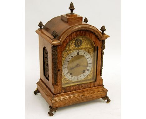 EARLY TWENTIETH CENTURY WINTERHALDER AND HOFMEIER OAK CASED MANTEL CLOCK, the 6 1/2" dial with silvered Roman chapter ring, s