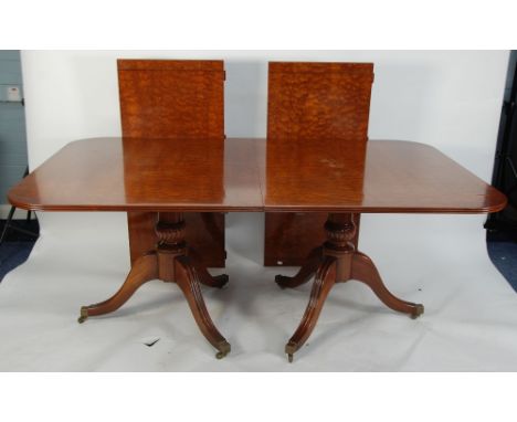 GOOD QUALITY MODERN REPRODUCTION MAHOGANY DINING TABLE AND SET OF EIGHT ELBOW CHAIRS, the twin pedestal DINING TABLE  with eb