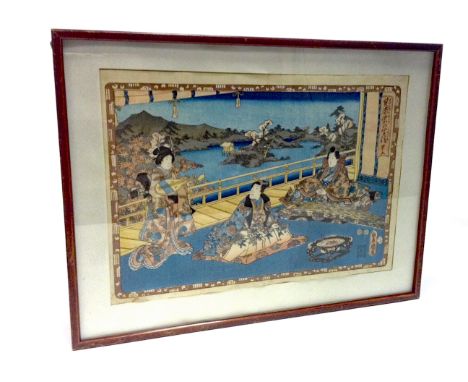 TWO JAPANESE WOODBLOCK PRINT BY TOYOKUNIdepicting geisha on a river and geisha playing an instrument,32.5cm x 42.2cm and 33cm