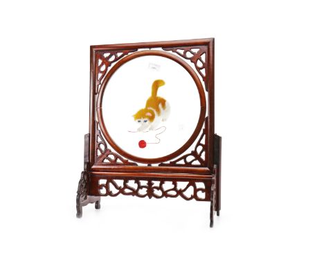 THREE MID 20TH CENTURY CHINESE TABLE SCREENS the largest screen, with a kitten, 49cm high; along with Chinese famille rose ce