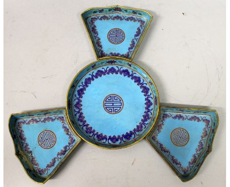 A GROUP OF FOUR 18TH/19TH CENTURY CHINESE CANTON ENAMEL DISHES, circa 1800, one circular and three shaped, each decorated wit