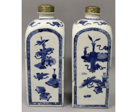 A GOOD PAIR OF CHINESE KANGXI PERIOD BLUE & WHITE PORCELAIN FLASKS, circa 1700, together with silver-metal covers, each squar