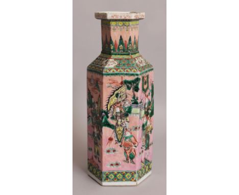 A GOOD 19TH CENTURY CHINESE HEXAGONAL SECTION FAMILLE VERTE PINK GROUND PORCELAIN VASE, painted with a continuous scene of a 