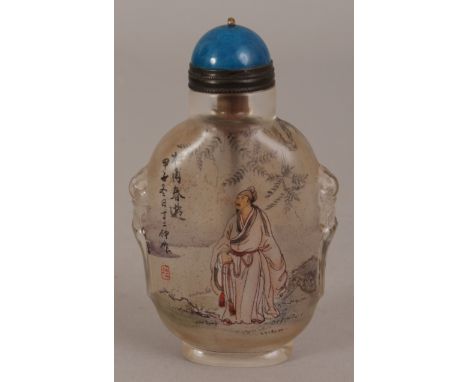 A CHINESE INTERIOR DECORATED GLASS SNUFF BOTTLE & STOPPER, decorated with calligraphy and with two scenes of a sage, 3.25in h