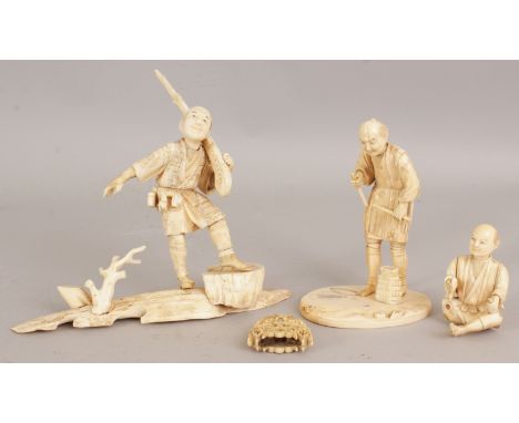 A JAPANESE MEIJI PERIOD CARVED SECTIONAL IVORY OKIMONO OF A HUNTER, standing on a fallen tree trunk and with a blunderbuss su